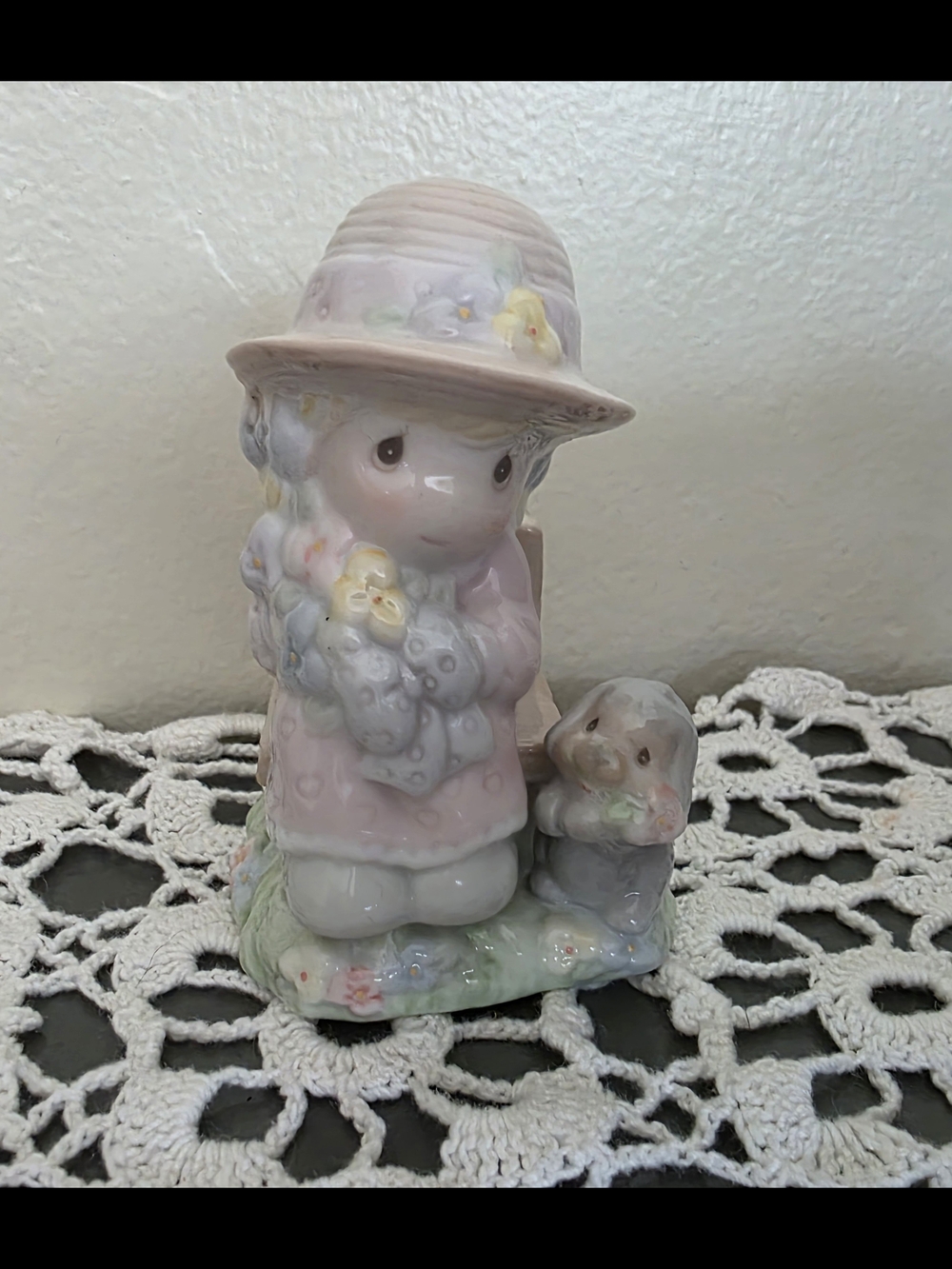 Enesco Pastel Pink and Cream Ceramic Girl Figurine with Bunny